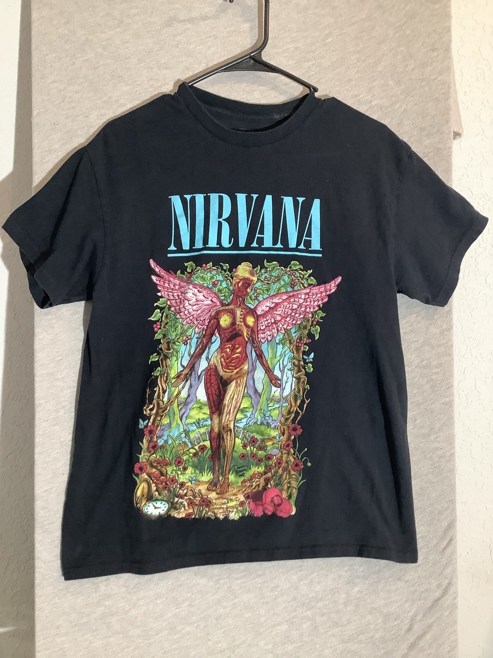 Nirvana Mens Black Graphic Tee with Pink & Blue Artwork, medium